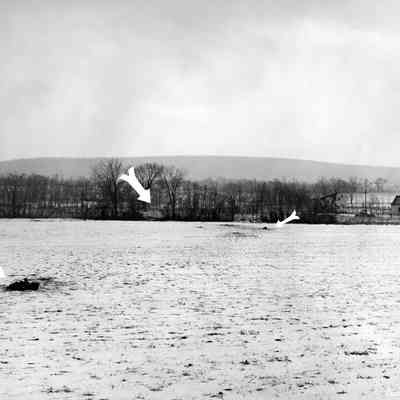 Halltown dynamite truck explosion - field with arrows pointing to wreckage