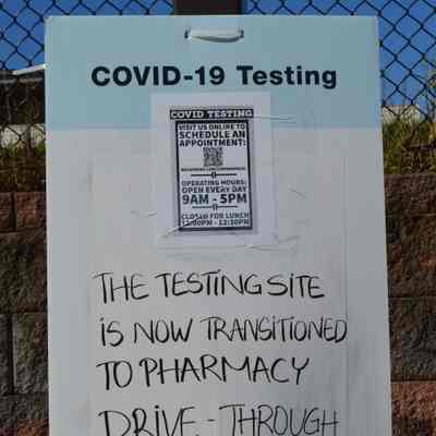 COVID-19 testing site sign at Walgreens Pharmacy
