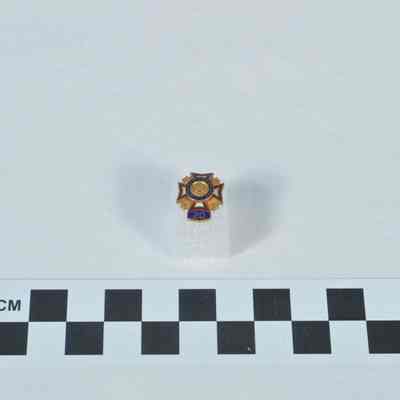 Small, gold-color lapel pin with red, white, and blue enameling