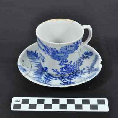 Blue flower and fern design on white china