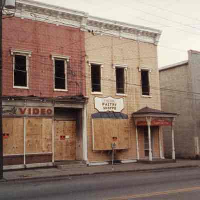 Three photos of the Furlong Pasty Shoppe and Family Video boarded up