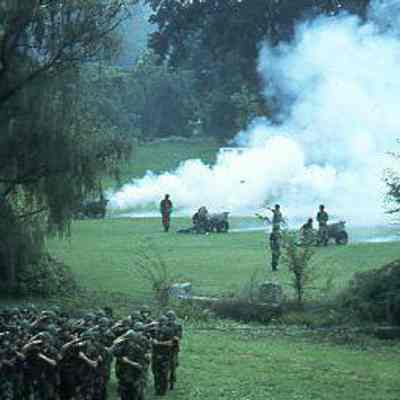 201st Field Artillery render salute with artillery pieces