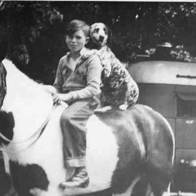 Joe Carroll on horseback with dog