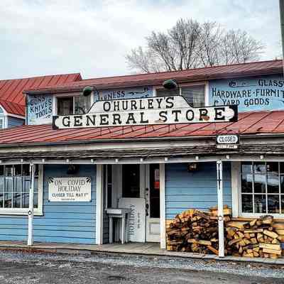 Jay O'Hurley's General Store with COVID-19 pandemic sign