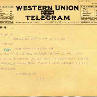 telegram from Virginia Lucas, et al.