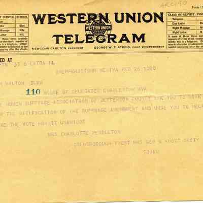 telegram from Charlotte Goldsborough, Shepherdstown