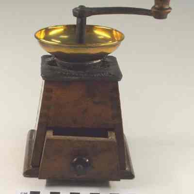 Wood, brass and iron coffee grinder