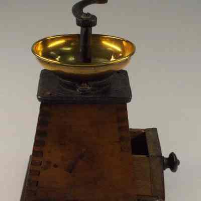 Wood, brass and iron coffee grinder
