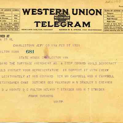 telegram from Frank Bushong, et al.