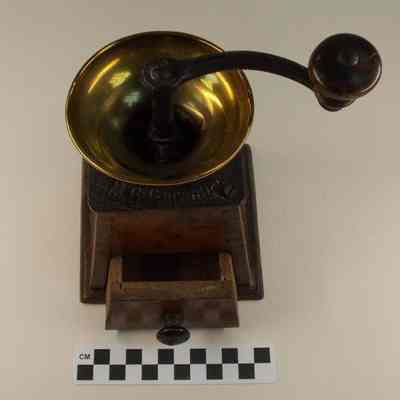 Wood, brass and iron coffee grinder