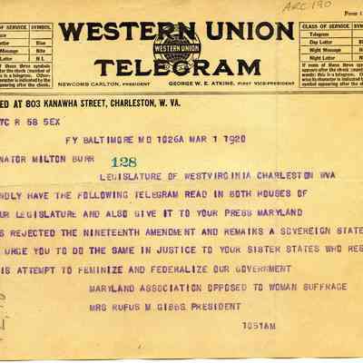 telegram from Maryland opposed to women's suffrage