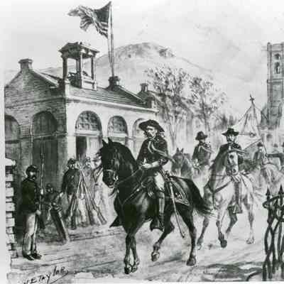 Drawing of Brigadier Custer passing John Brown's Fort