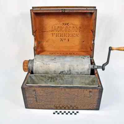 Wood and tin ice cream maker - open