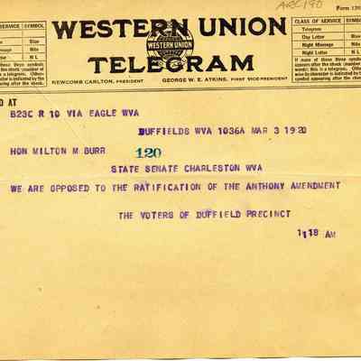 telegram from Voters of Duffield Precinct, opposed to women's suffrage