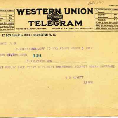 telegram from J. B. Huyett, opposed to women's suffrage