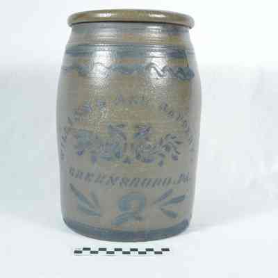 Stoneware crock with blue stenciling