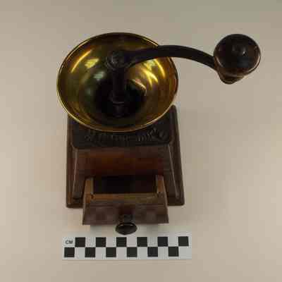 Wood, brass and iron coffee grinder