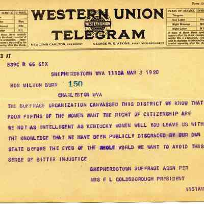 telegram from Shepherdstown Suffrage Ass'n