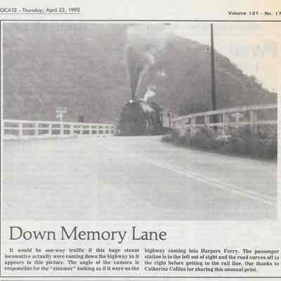 Steam locomotive on B & O Railroad, Harpers Ferry, circa 1930s (IMG3908008)