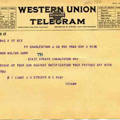telegram from J. W. Strider, et al., opposed to women's suffrage