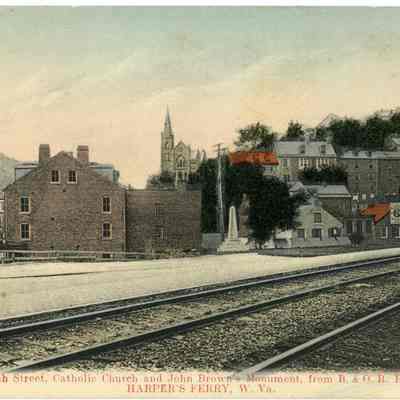 Shenandoah Street, Catholic Church and John Brown's Monument, from B. & O. R. R. Station. HARPER'S FERRY, W. Va.