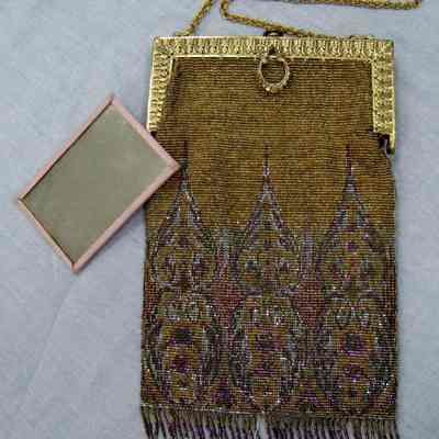 Rectangular gold and lavender beaded evening purse
