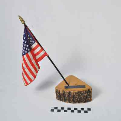 U.S.A. flag displayed on a slice of a tree trunk