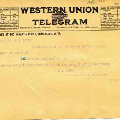 telegram from E. E. Cooke, F. W. Brown, & W. F. Alexander, opposed