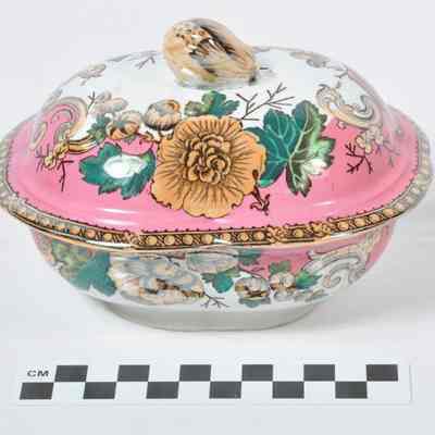 Lusterware dish and lid with removable soap drainer inside