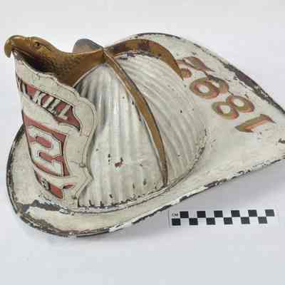 Leather helmet with leather shield on front marked "SCHUYLKILL 12 CA"