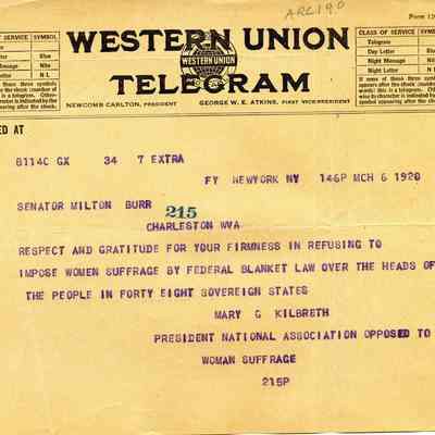 telegram from National Ass'n Opposed to Woman Suffrage