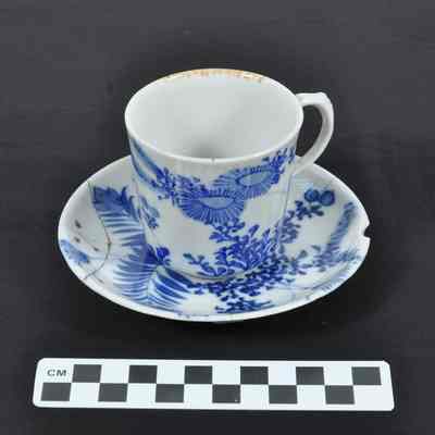 Blue flower and fern design on white china