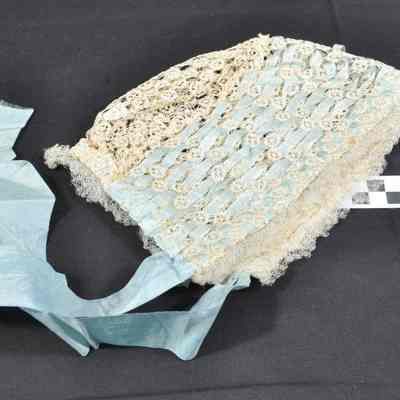 Lace and blue ribbon bonnet for child or young girl