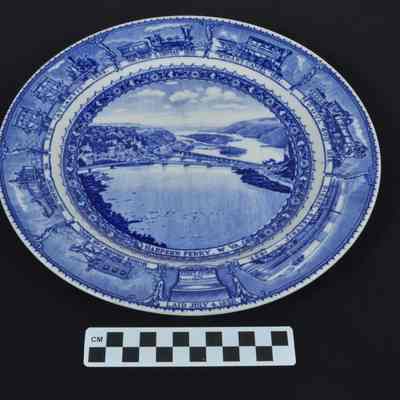 Blue and white china with a scene of Harpers Ferry bridges