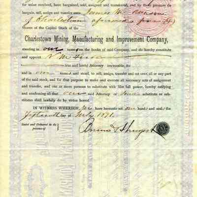 Charlestown M,M&I Company stock certificate, back