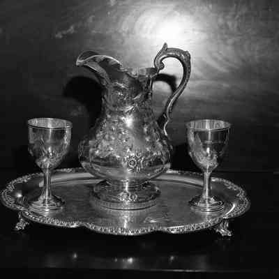 Silver pitcher, tray and goblets