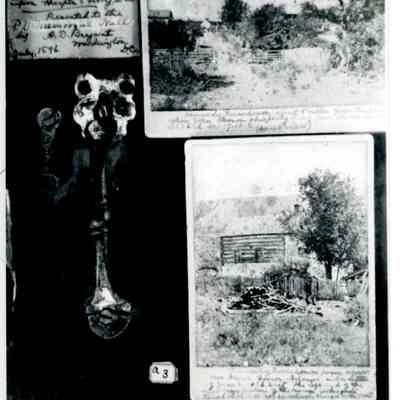 Photograph of farmhouse's kitchen door latch and two photographs of exterio