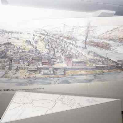 Mural on wall of John Bown Museum showing Harpers Ferry prior to raid