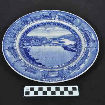 Blue and white china with a scene of Harpers Ferry bridges