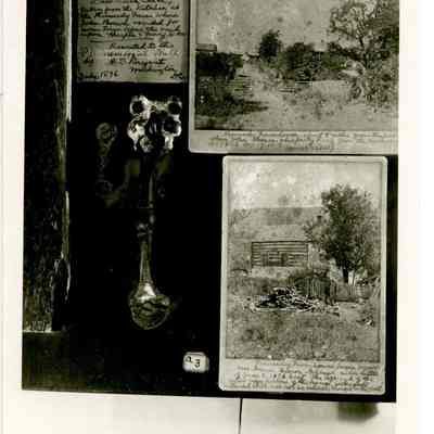 Photograph of farmhouse's kitchen door latch and two photographs of exterio