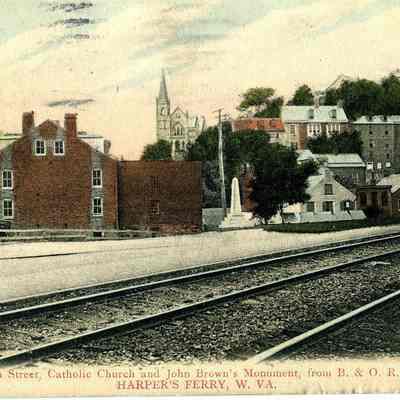 Shenandoah Street, Catholic Church and John Brown's Monument, from B. & O. R. R. Station. Harper's Ferry, W. VA.