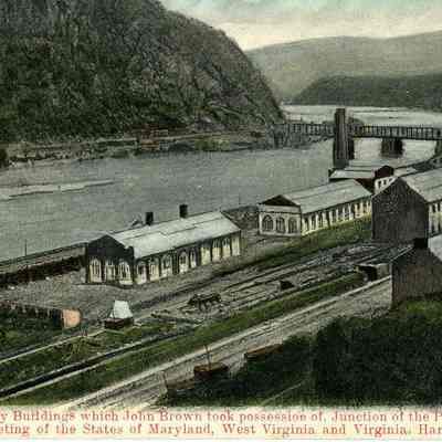 The U.S. Armory Buildings which John Brown took possession of. Junction of the Potomac and Shenandoah Rivers. Meeting of the States of Maryland, West Virginia, and Virginia. Harper's Ferry, W. Va.