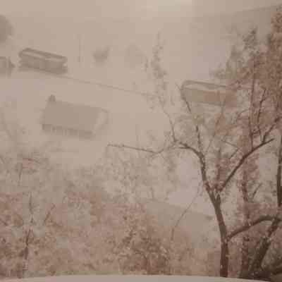 Train and Buildings Partially Submerged in 1942 Flood