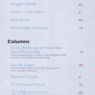 Designs in Machine Embroidery Volume 63, July August 2010 Index