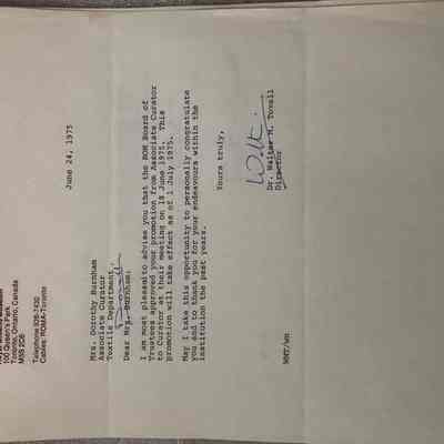 Letter to Dorothy Burnham from ROM Director Dr. Walter M. Tovell, 1975