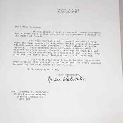 Letters between Brian Mulroney and Dorothy Burnham