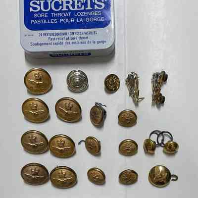 Lozenge tin with RCAF buttons & pins