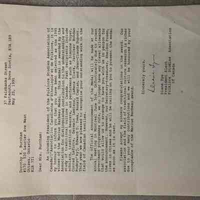 Letter to Dorothy Burnham from Diane Tye, 1995