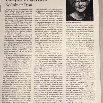 Clipping: “Dorothy Burnham: Keeper of textiles”