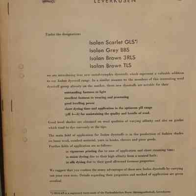Isolan scarlet GLS, isolan grey BBS, isolan brown 3RLS, isolan brown TLS: August 1956.